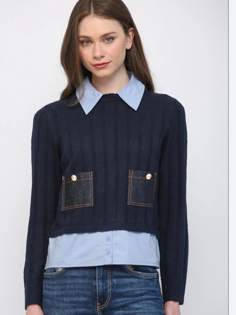 SANDRO Cropped Navy Layered-Look Sweater with Shirt Hem